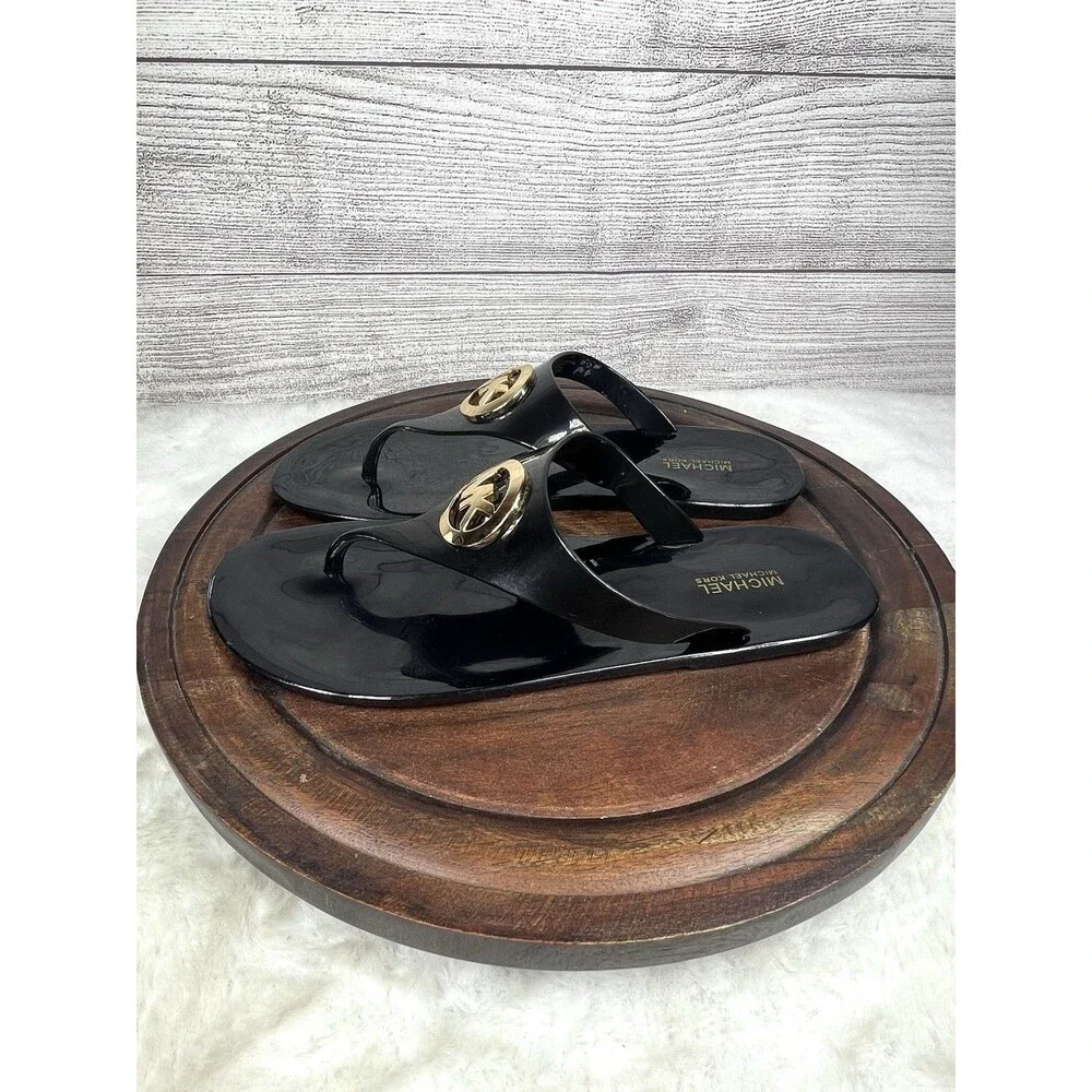 Women MK Michael Kors Lillie Jelly Thong Flat Slide Sandals PVC Black Size 8 M